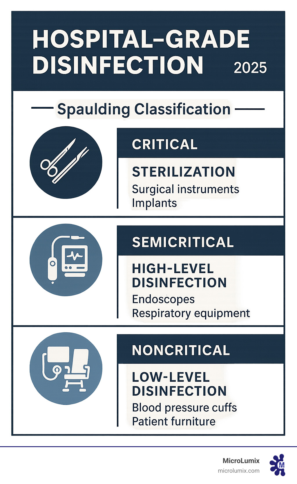 Infographic showing the Spaulding Classification system with three categories: Critical medical devices requiring sterilization (surgical instruments, implants), Semicritical devices needing high-level disinfection (endoscopes, respiratory equipment), and Noncritical surfaces requiring low-level disinfection (blood pressure cuffs, patient furniture), with corresponding disinfection requirements and examples for each category - Hospital grade disinfection infographic 