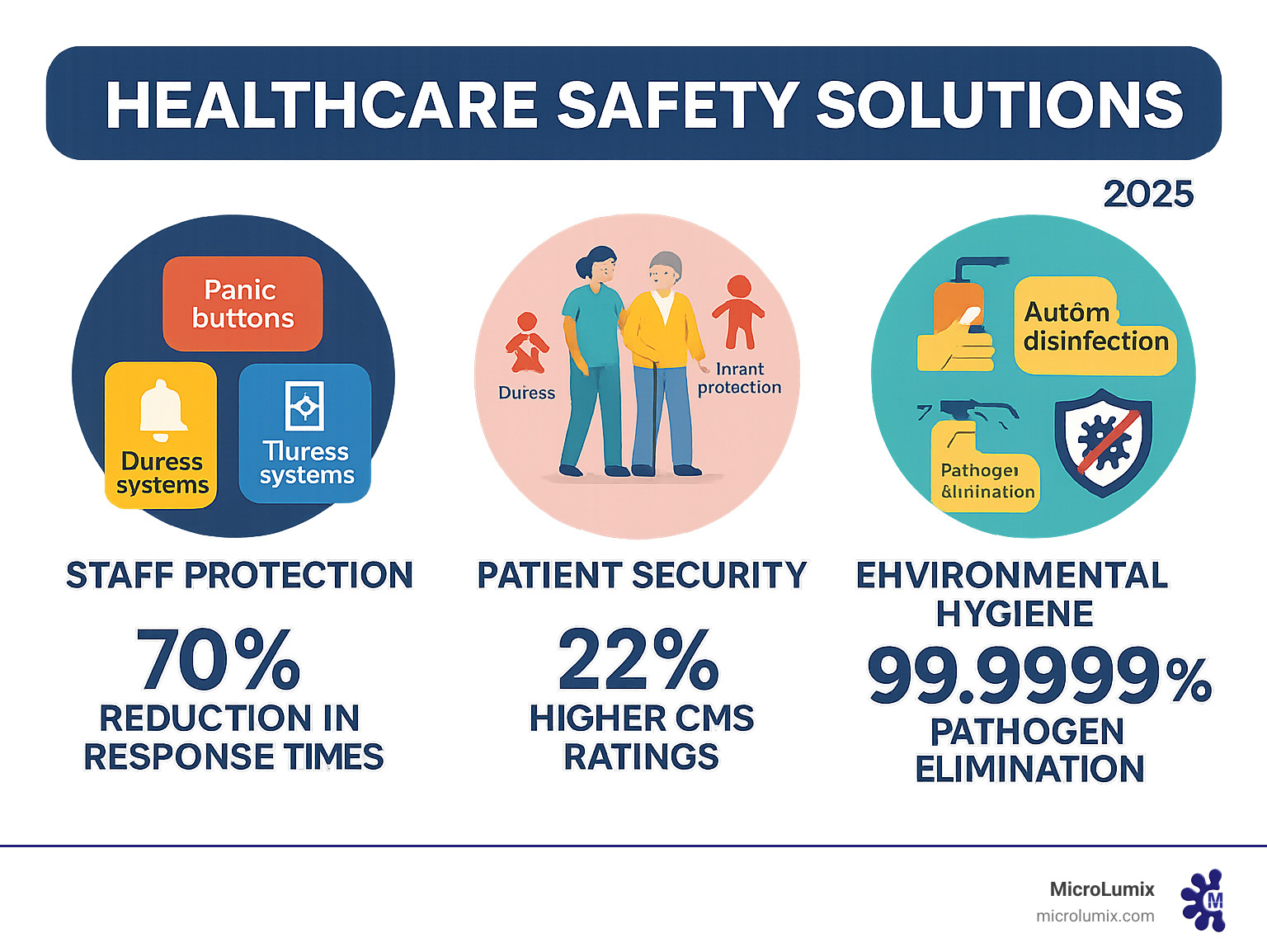 Comprehensive infographic showing the three main pillars of healthcare safety solutions: Staff Protection (featuring panic buttons, RTLS tracking, and duress systems), Patient Security (including wander management, infant protection, and elopement prevention), and Environmental Hygiene (showcasing automated disinfection, touchpoint sanitization, and pathogen elimination), with statistics showing 70% reduction in response times, 99.9999% pathogen elimination, and 22% higher CMS ratings - Healthcare safety solutions infographic 