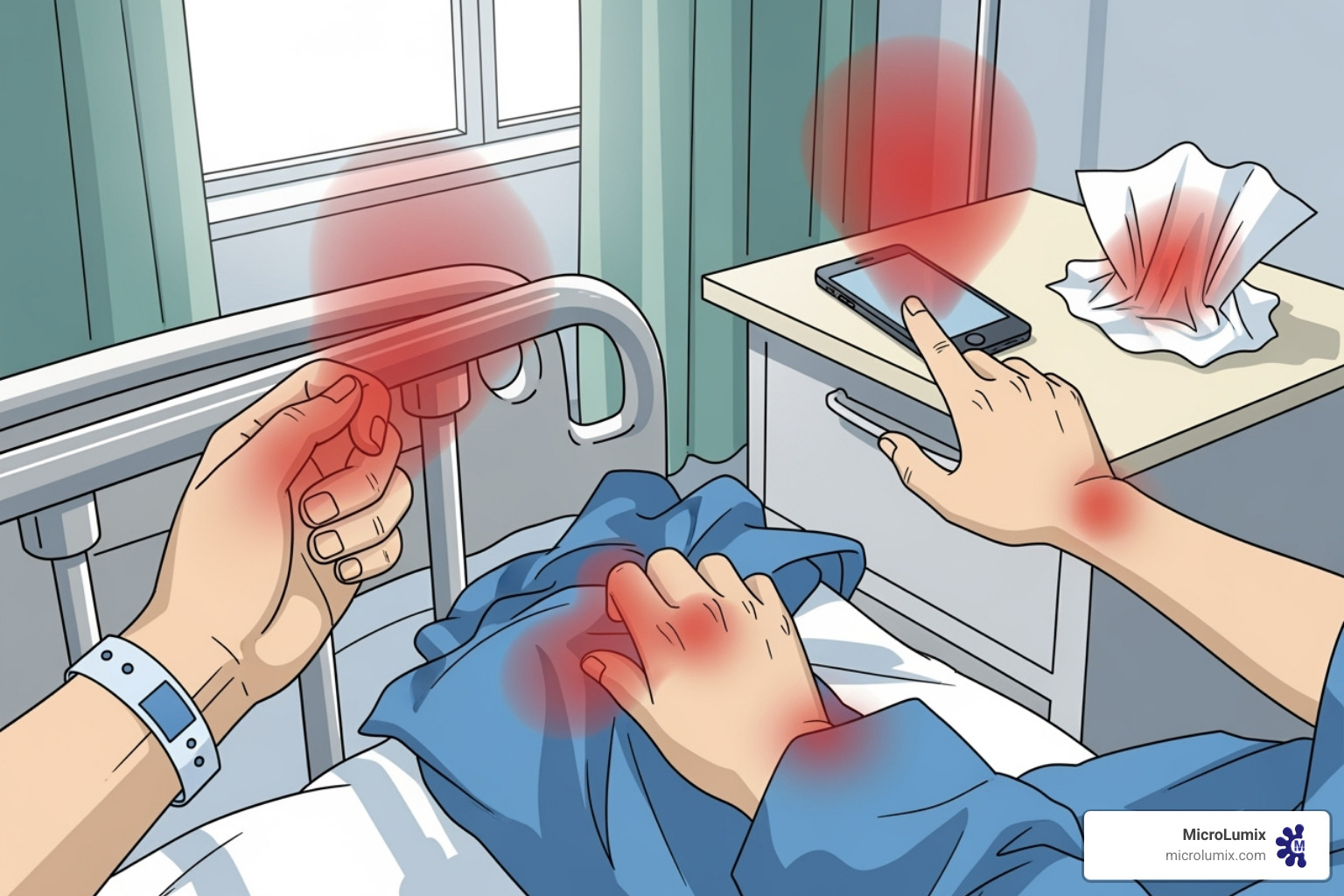 Illustration of pathogen transmission routes from patient skin and hands to the environment, showing hands touching objects, clothing, and surfaces in a hospital room - preventing hospital acquired infections evidence-based practice Illustration of pathogen transmission routes from patient skin and hands to the environment, showing hands touching objects, clothing, and surfaces in a hospital room - preventing hospital acquired infections evidence-based practice