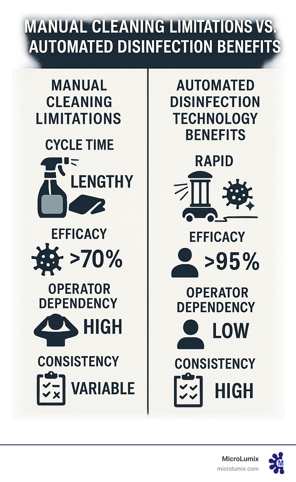 Comprehensive comparison of manual cleaning limitations versus automated disinfection technology benefits, showing cycle times, efficacy rates, operator dependency, and consistency metrics - automated disinfection technology infographic Comprehensive comparison of manual cleaning limitations versus automated disinfection technology benefits, showing cycle times, efficacy rates, operator dependency, and consistency metrics - automated disinfection technology infographic