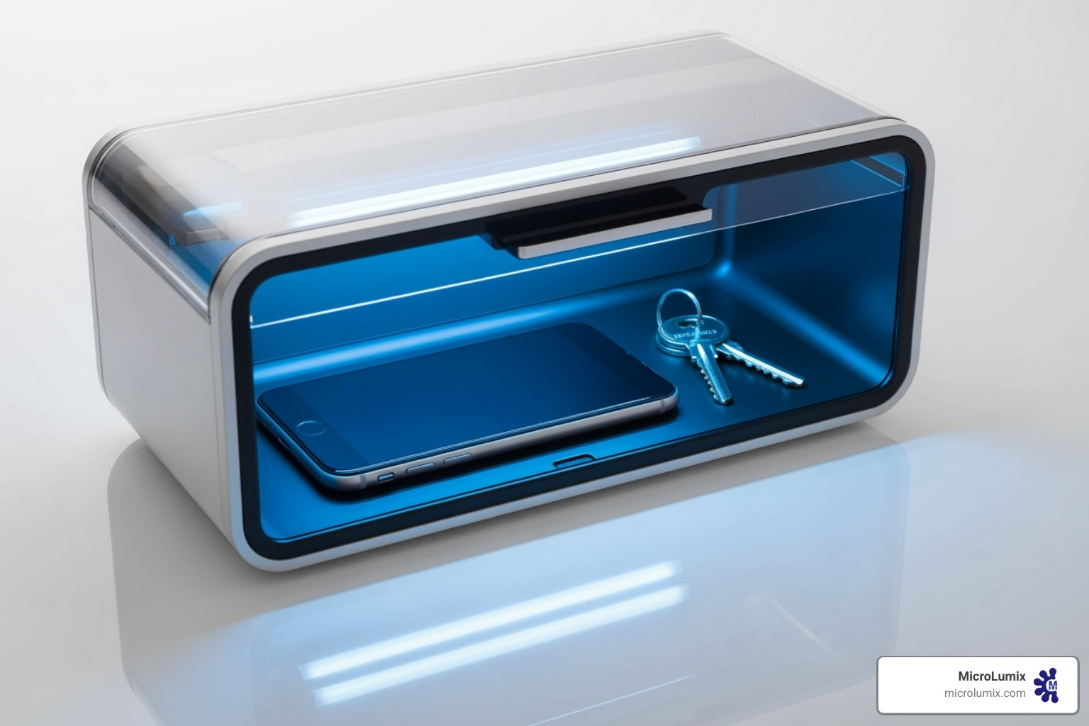 UVC sterilization box with a phone and keys inside - uvc disinfection device