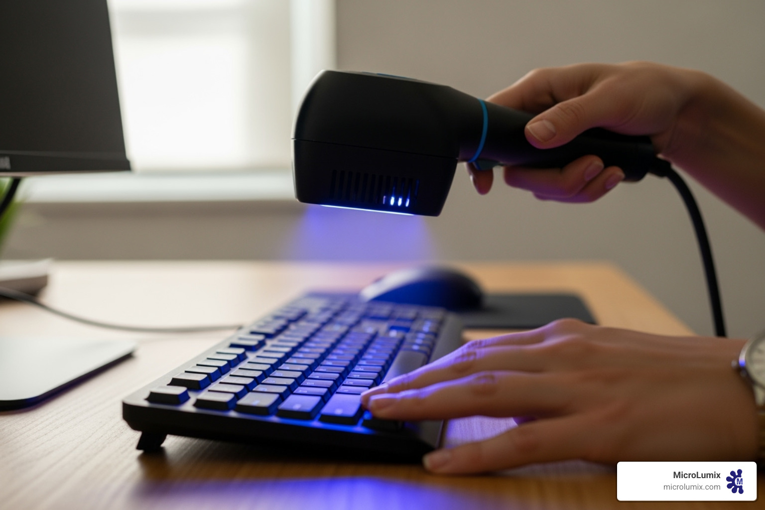 Person using a UVC wand on a keyboard - uvc disinfection device
