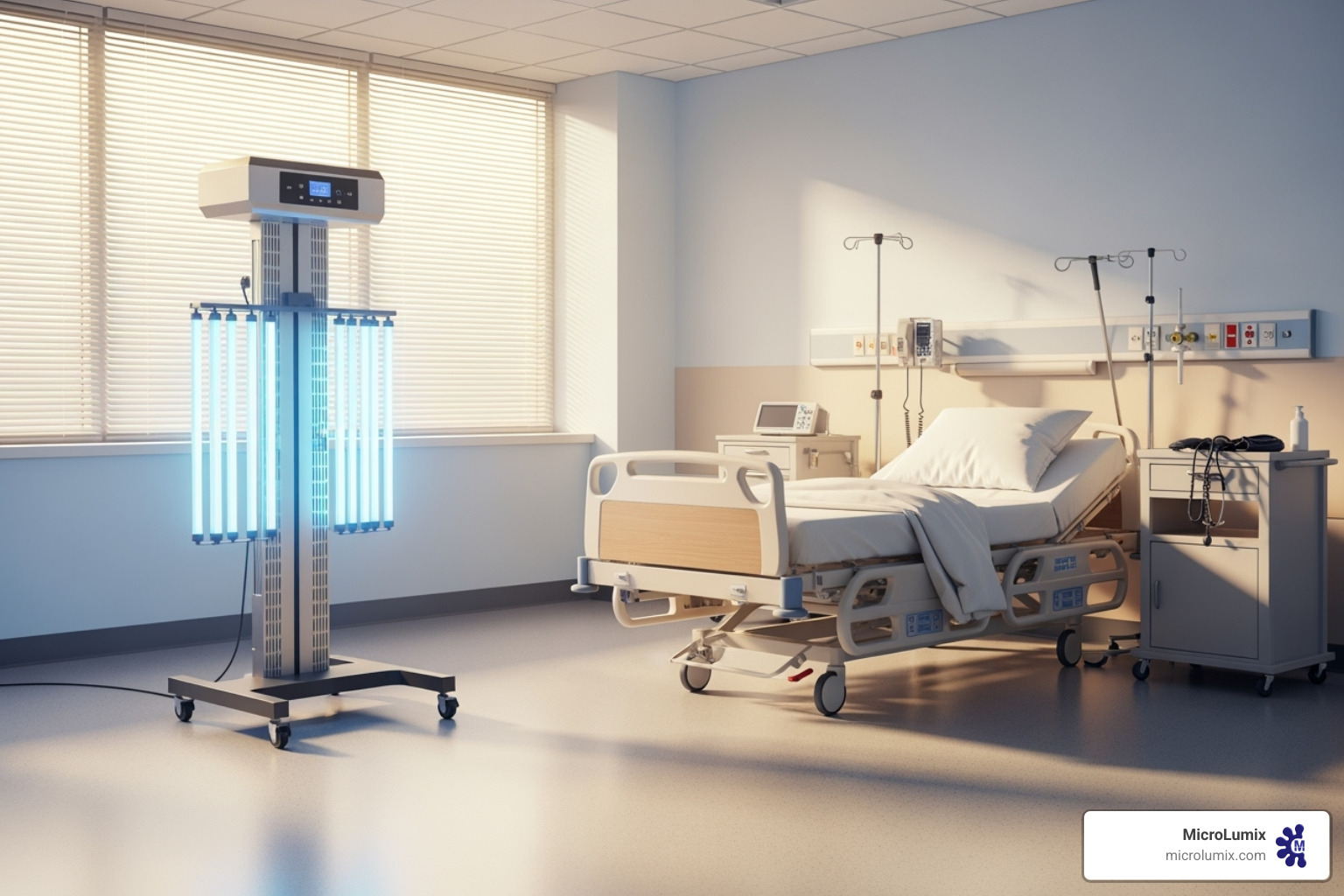 Mobile UVC tower in an empty hospital room - uvc disinfection device