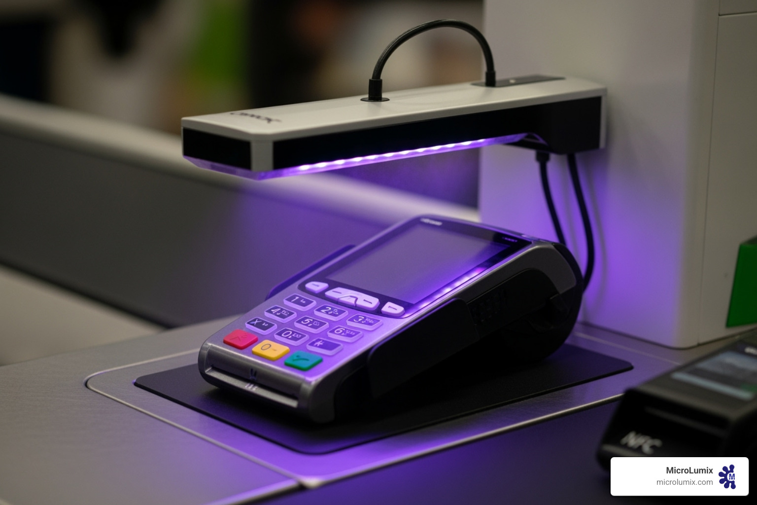 Automated UVC disinfection system sanitizing a payment terminal - uvc disinfection device