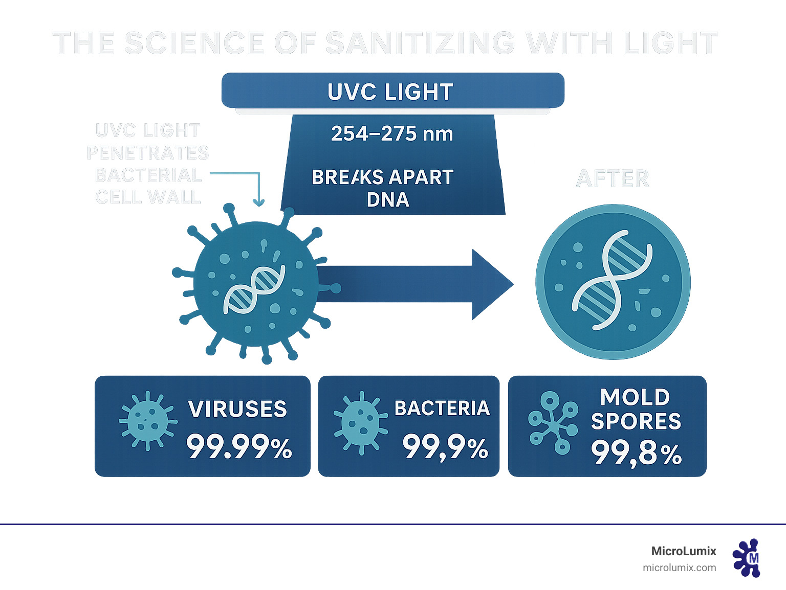 Infographic showing UVC light at 254-275nm wavelength penetrating bacterial cell walls and breaking apart DNA double helix strands, with before and after comparison of intact vs. damaged pathogens, including effectiveness percentages for viruses (99.99%), bacteria (99.9%), and mold spores (99.8%) - uvc disinfection device infographic 
