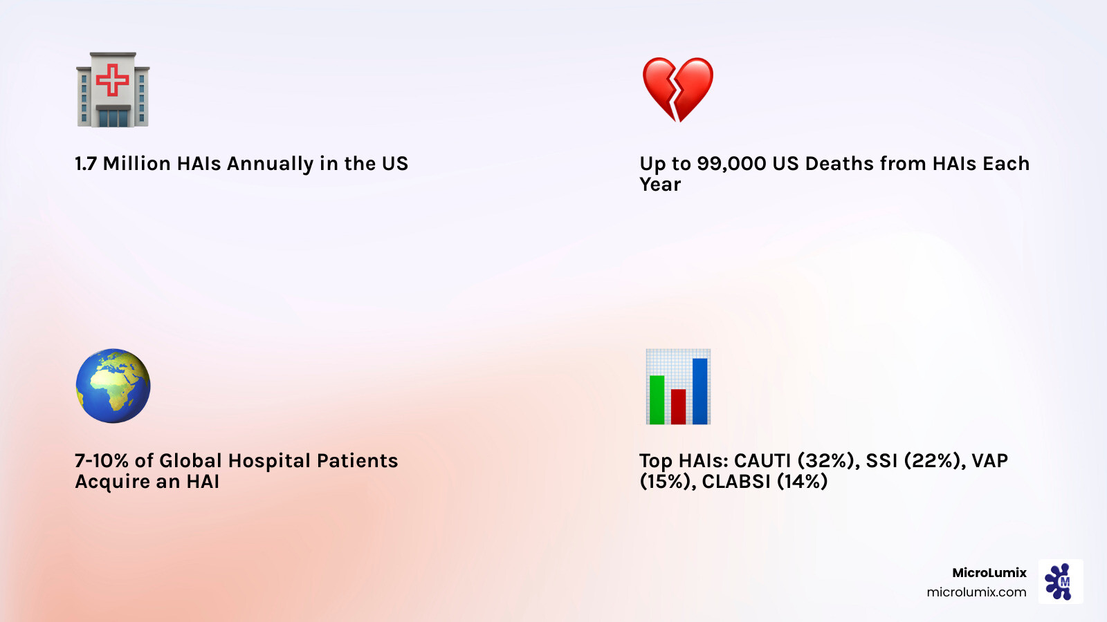 Infographic showing global HAI statistics: 1.7 million annual US infections, 90,000-99,000 deaths, 7-10% of hospitalized patients affected worldwide, breakdown of most common HAI types with percentages, and economic impact on healthcare systems - Hospital acquired infection prevention infographic 4_facts_emoji_light-gradient
