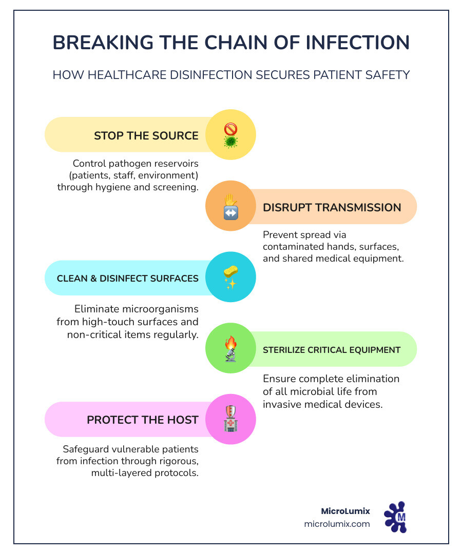 Comprehensive infographic showing the chain of infection transmission in healthcare settings, including pathogen sources, transmission routes through contaminated surfaces and equipment, vulnerable patient populations, and how proper healthcare facility disinfection protocols break this cycle at multiple points including environmental cleaning, equipment sterilization, and surface disinfection - healthcare facility disinfection infographic infographic-line-5-steps-colors