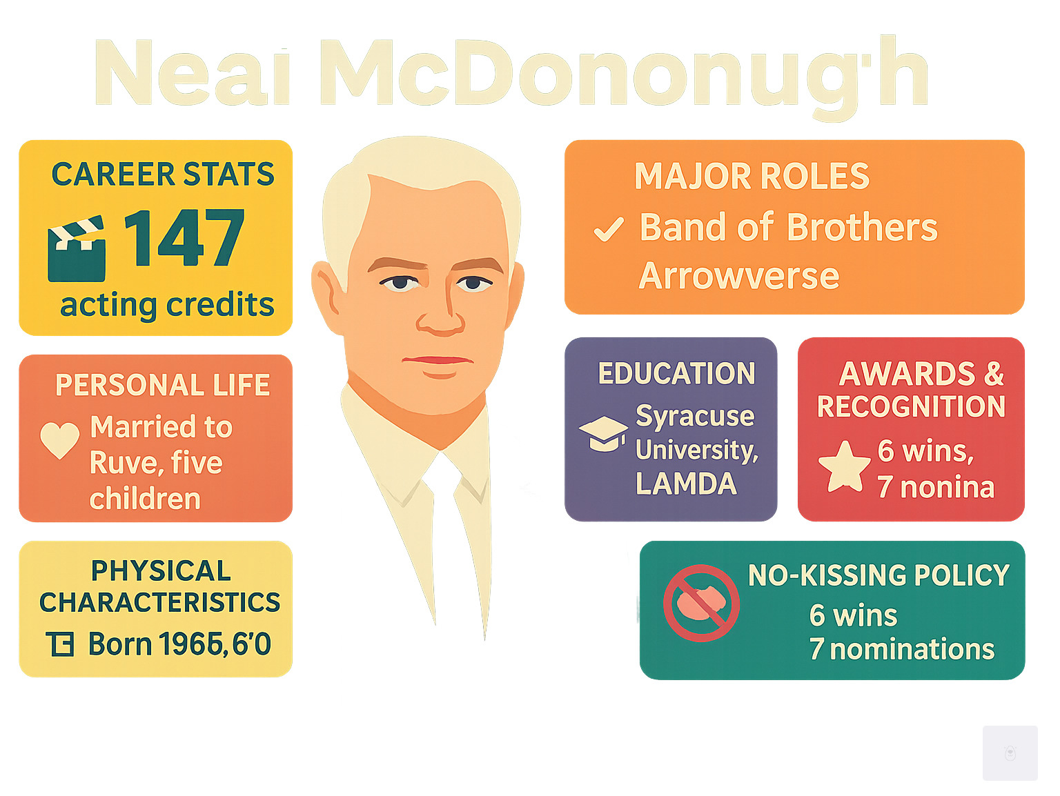 Comprehensive infographic showing Neal McDonough's career statistics including 147 acting credits across film and television, major roles in Band of Brothers and Arrowverse, family life with wife Ruve and five children, educational background at Syracuse University and LAMDA, physical characteristics, awards and recognition, voice acting work, and his unique no-kissing policy in Hollywood - neal mcdonough infographic 