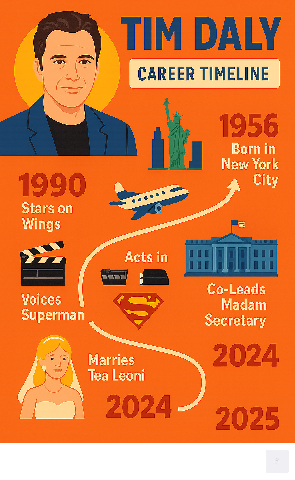 Infographic showing Tim Daly's career timeline from 1956 birth in New York City through major TV roles like Wings and Madam Secretary, film work including Diner and voice acting as Superman, plus his theater achievements and recent marriage to Téa Leoni, emphasizing his New York roots and connections - tim daly infographic 