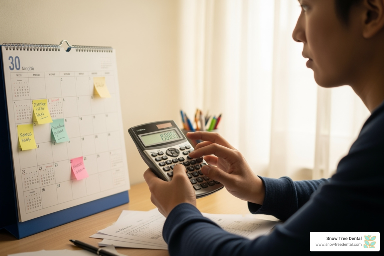 person using a calculator and looking at a calendar - Dental payment plans