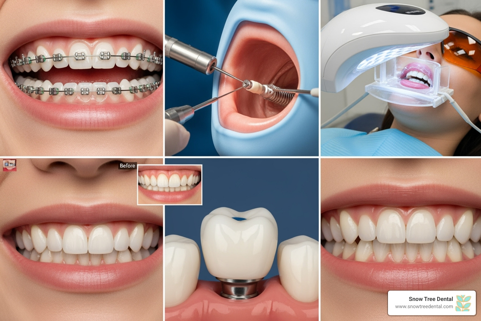 collage showing different dental procedures like braces, implants, and whitening - Dental payment plans