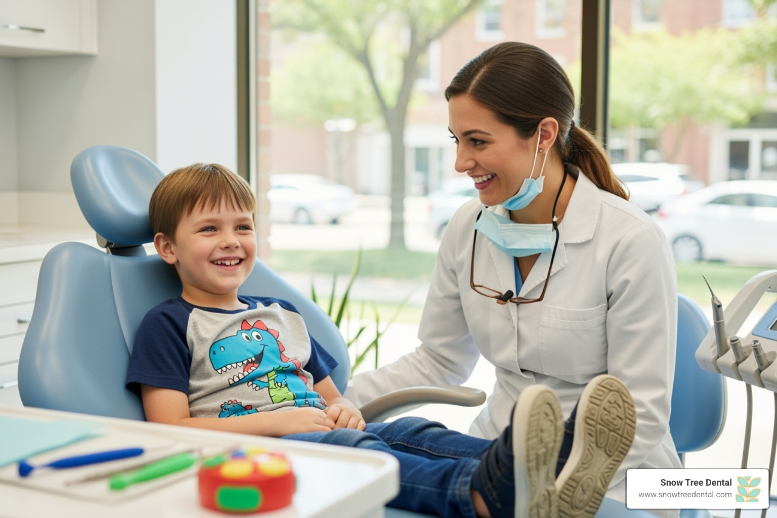 A child smiling in a dental chair - Houston dental practice A child smiling in a dental chair - Houston dental practice