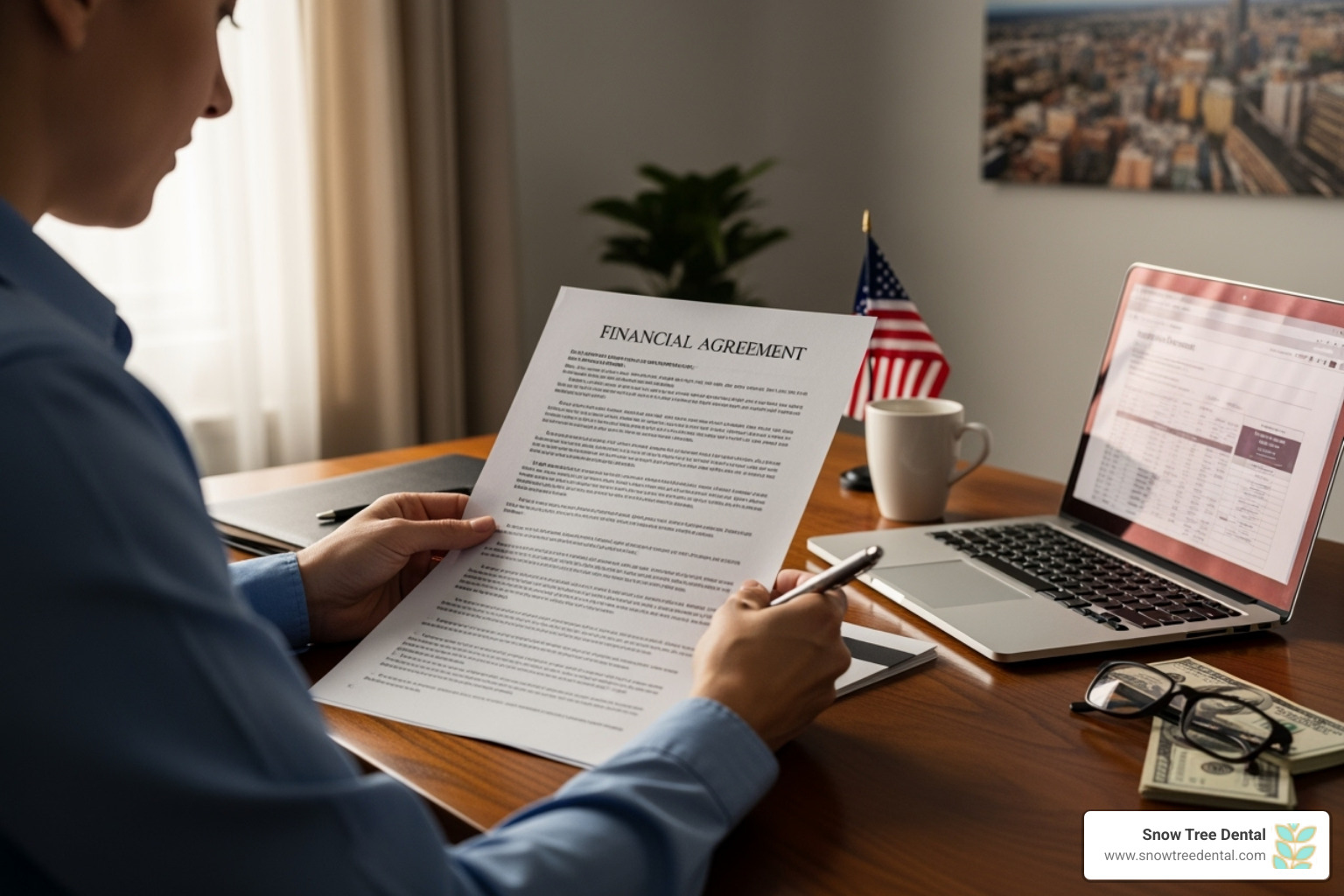 Image of a person carefully reading a financial agreement - veneers payment plan Image of a person carefully reading a financial agreement - veneers payment plan