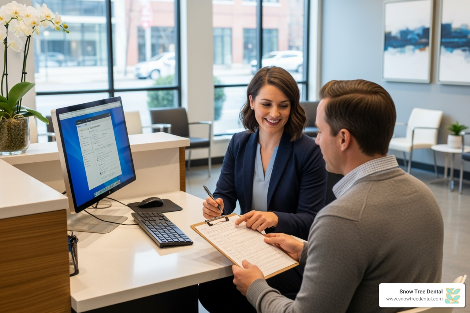 A receptionist helping a patient with paperwork - Houston dental practice A receptionist helping a patient with paperwork - Houston dental practice
