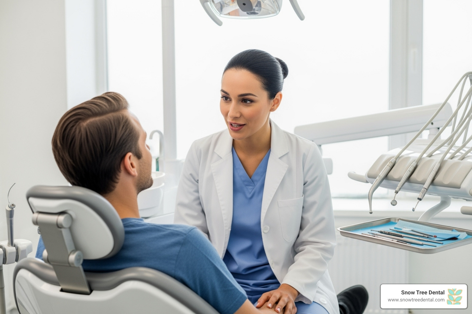 of a compassionate dentist talking to a patient - anxiety free dentistry