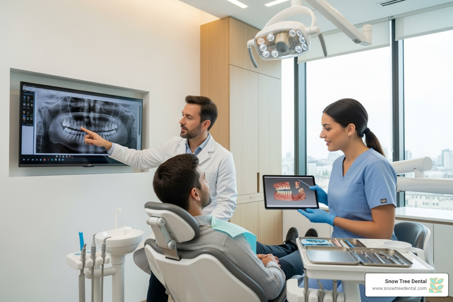 A dental team explaining a treatment plan to a relaxed patient - pay monthly dental care