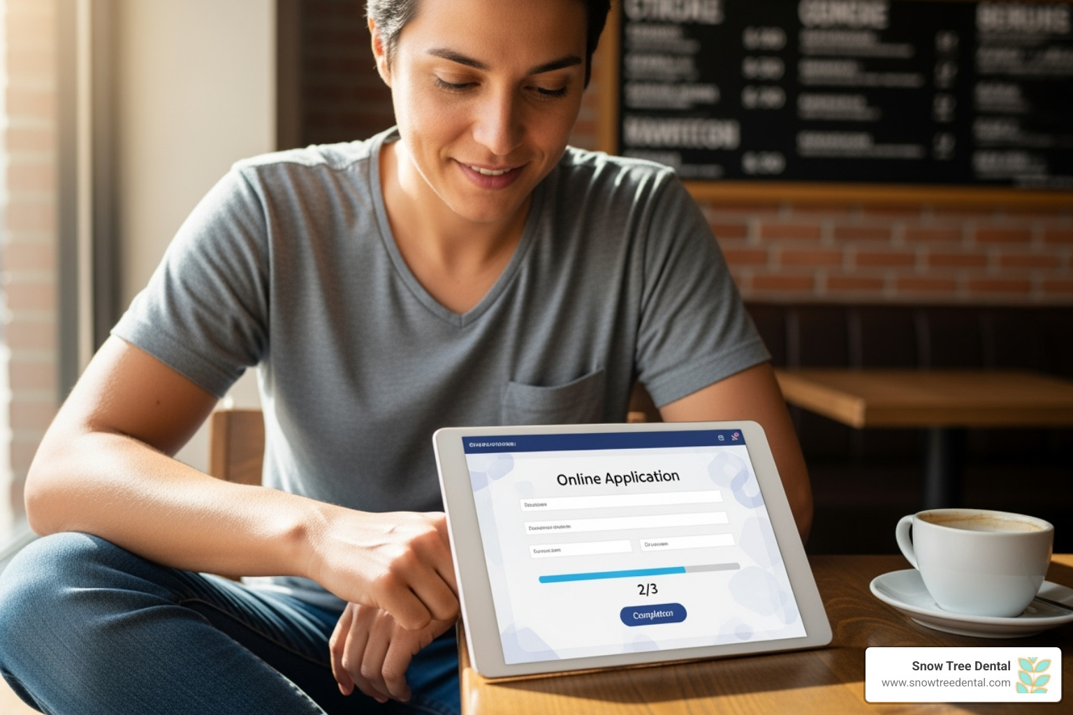 Someone easily applying for financing on a tablet - pay monthly dental care