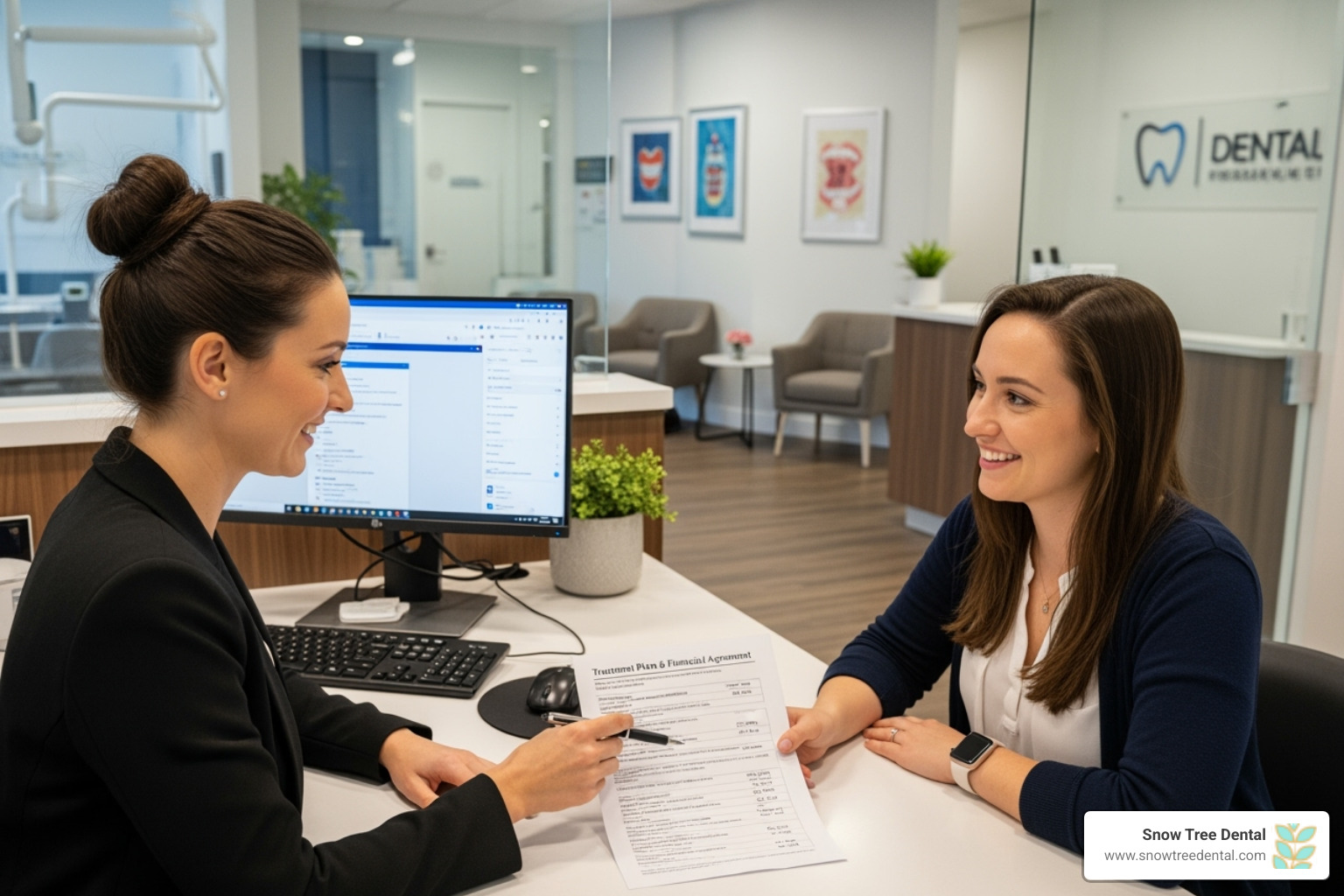 smiling patient reviewing a financial plan with a dental office administrator - transparent dental pricing