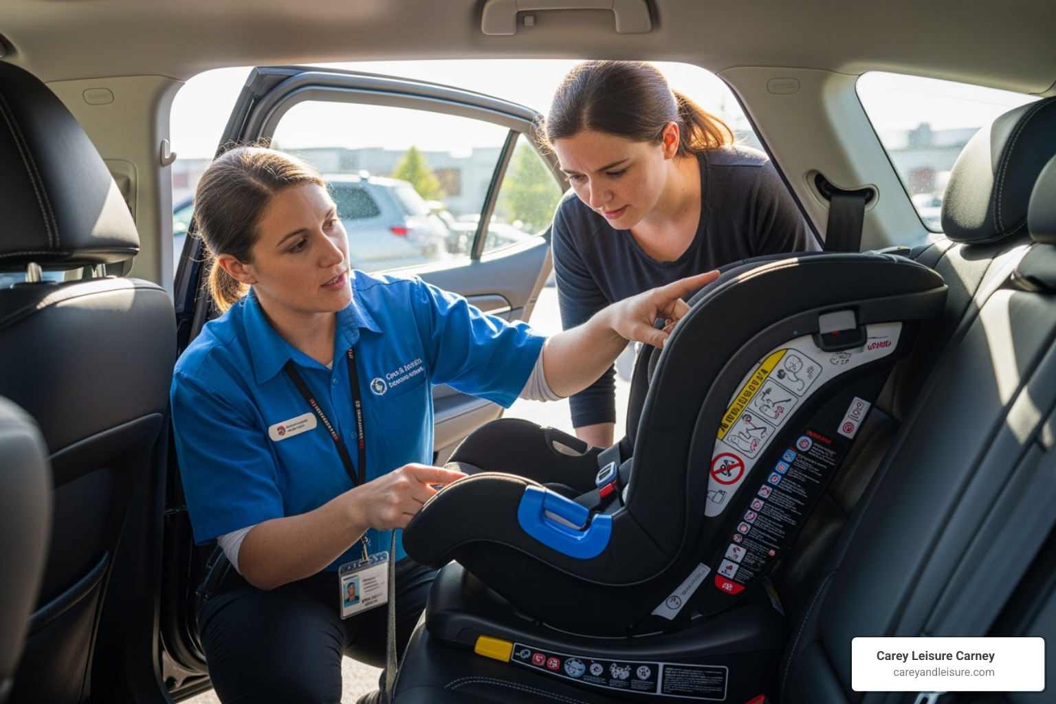 certified technician helping install car seat - child car seat laws