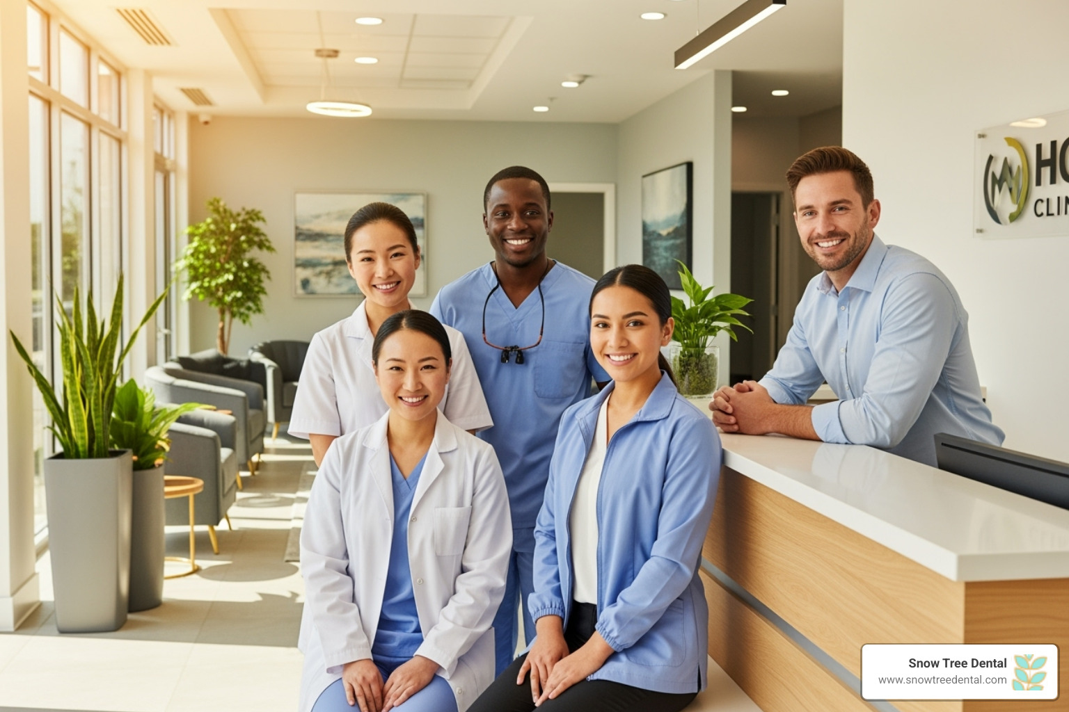 Snow Tree Dental office front or a welcoming team photo - transparent dental pricing