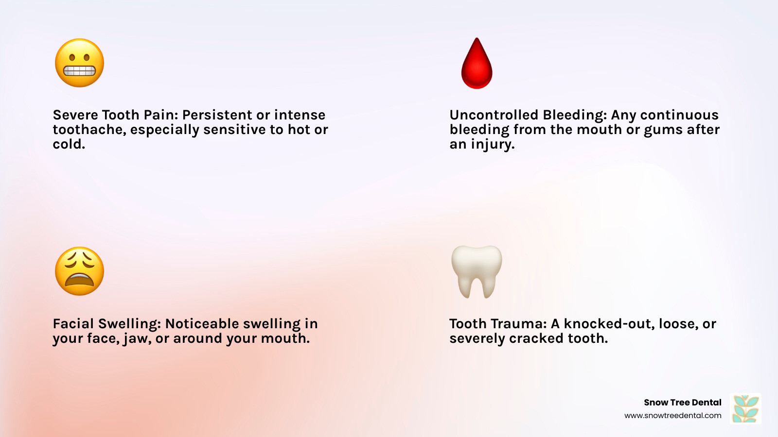 Infographic showing dental emergency warning signs including severe tooth pain lasting over 15-20 seconds with hot/cold exposure, uncontrolled bleeding from gums, facial swelling, knocked-out teeth, visible tooth cracks, and signs of infection like fever or pus - 24 hour emergency dentist infographic 4_facts_emoji_light-gradient