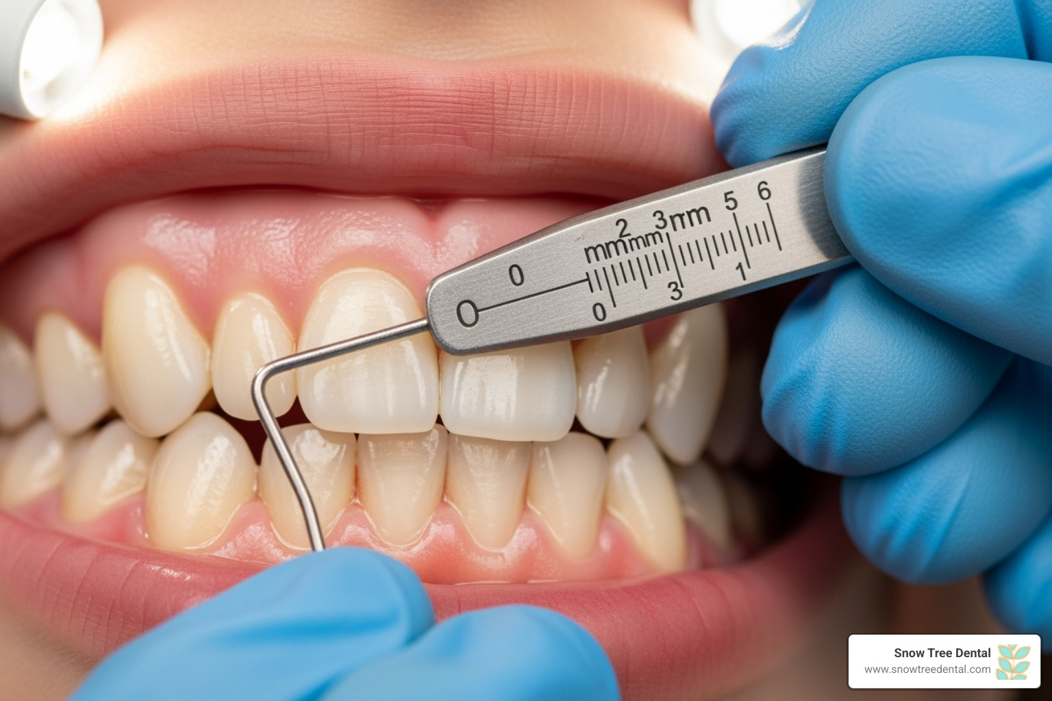 A dental professional using a periodontal probe to measure gum pocket depths - periodontal disease treatment