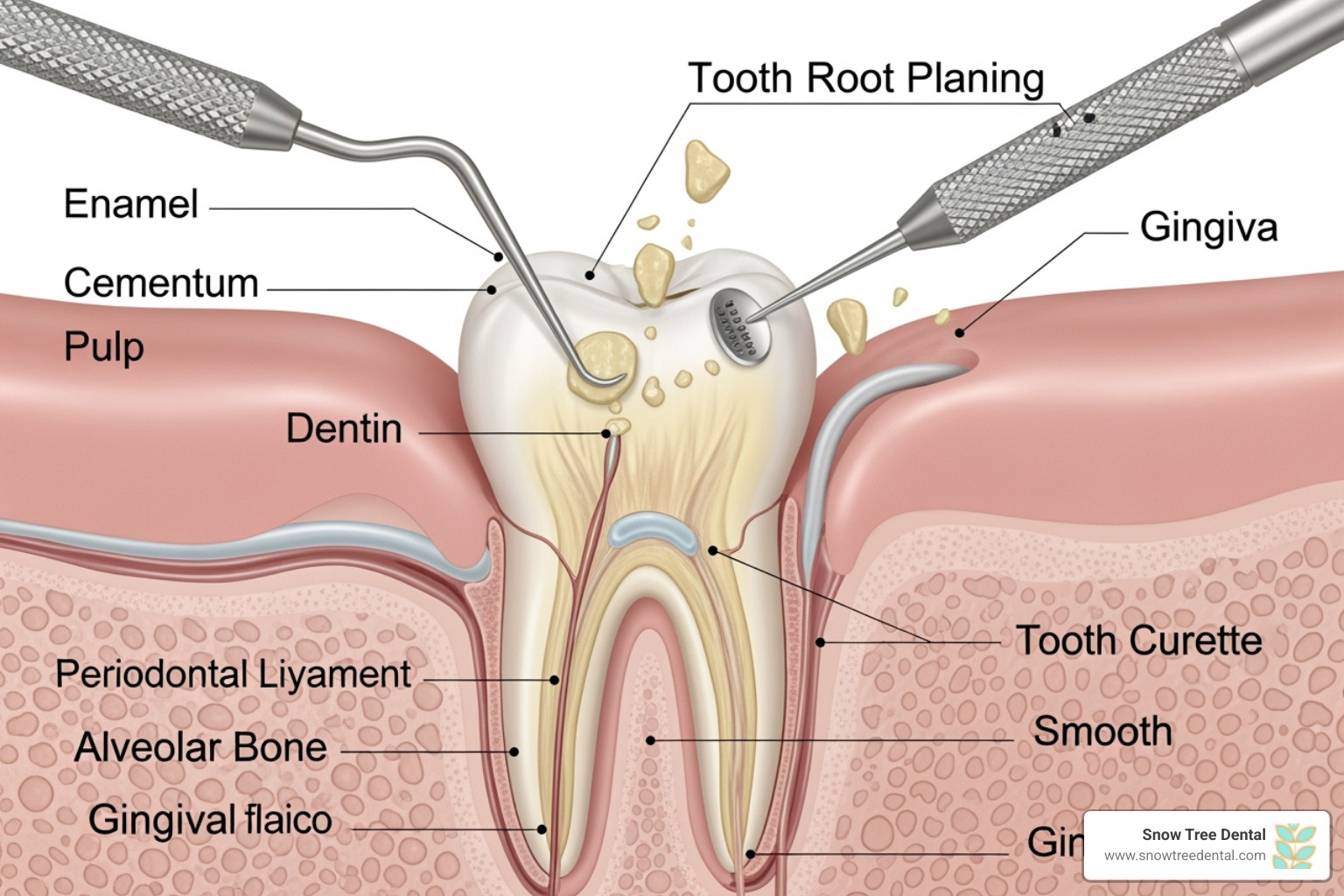 Illustration showing the scaling and root planing process, with instruments cleaning below the gum line and smoothing root surfaces - periodontal disease treatment