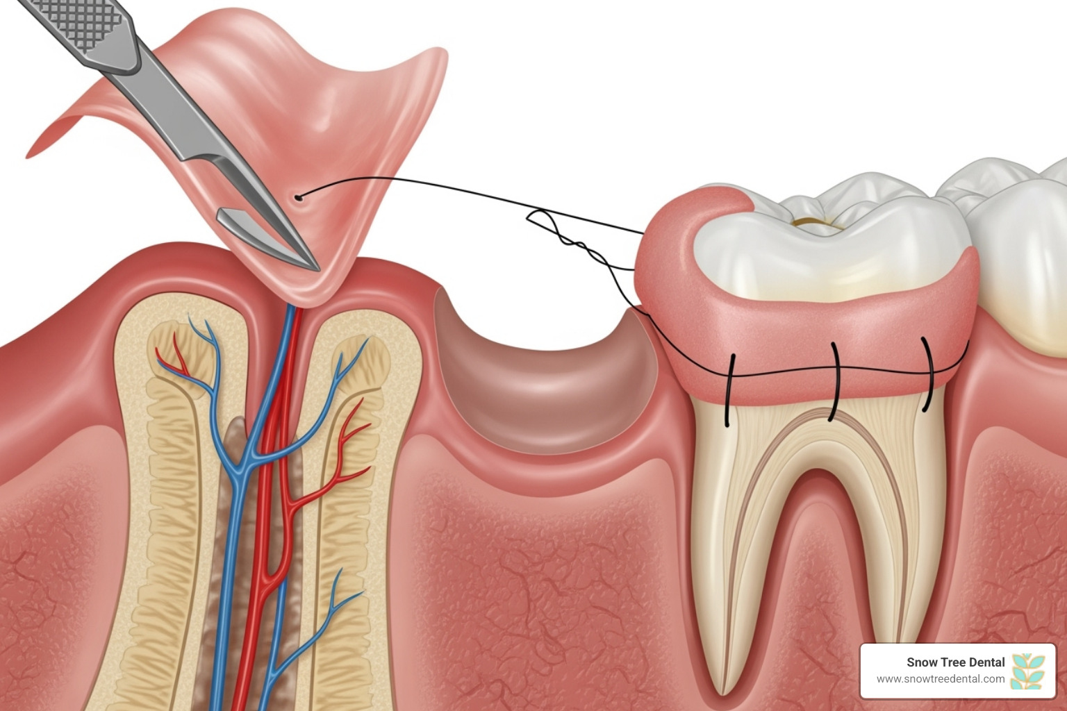 Illustration showing a gum graft procedure, where tissue is taken from one part of the mouth (or a donor source) and placed over areas of gum recession - periodontal disease treatment
