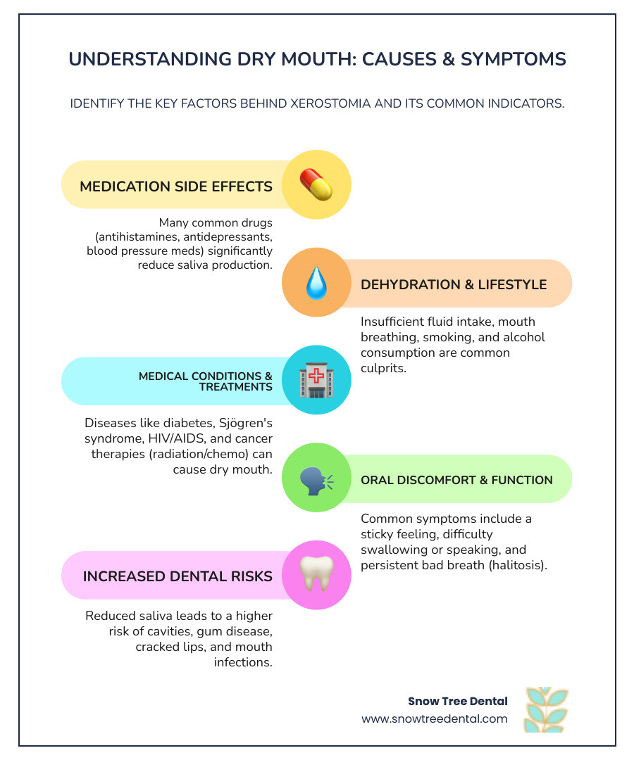 Comprehensive infographic explaining the causes and symptoms of dry mouth, including medications, medical conditions, dehydration, and lifestyle factors. Symptoms listed include sticky mouth feeling, difficulty swallowing, bad breath, and increased cavity risk. - dry mouth solutions infographic infographic-line-5-steps-colors