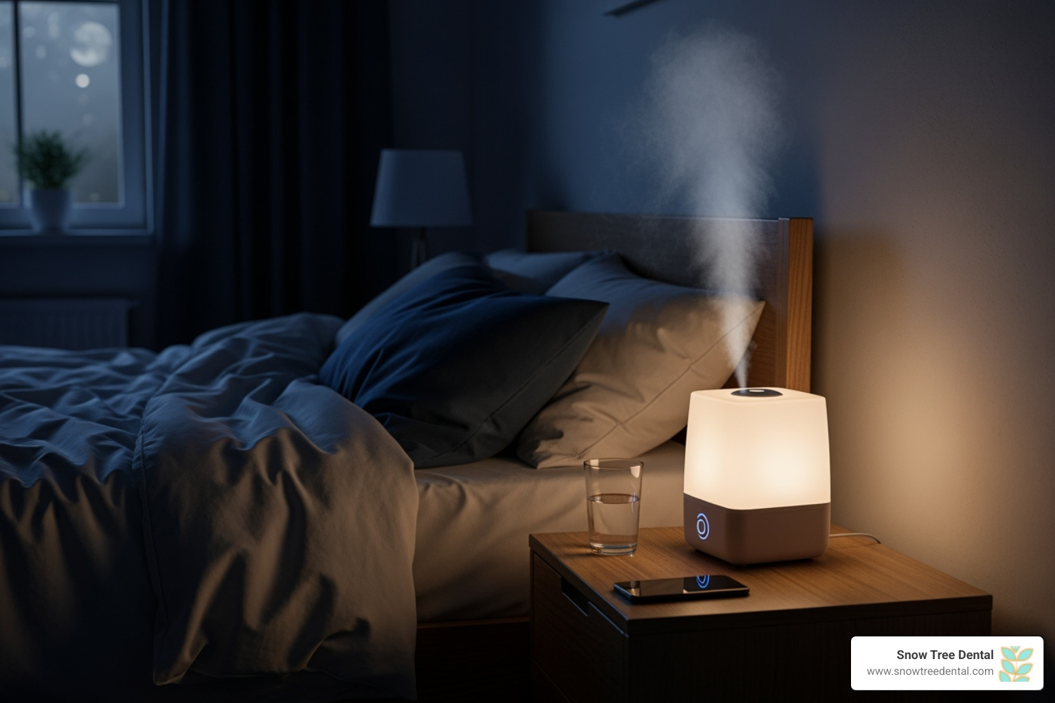A humidifier running on a nightstand next to a bed - dry mouth solutions