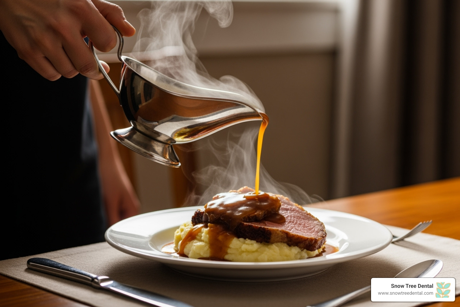 A person adding gravy to their meal - dry mouth solutions