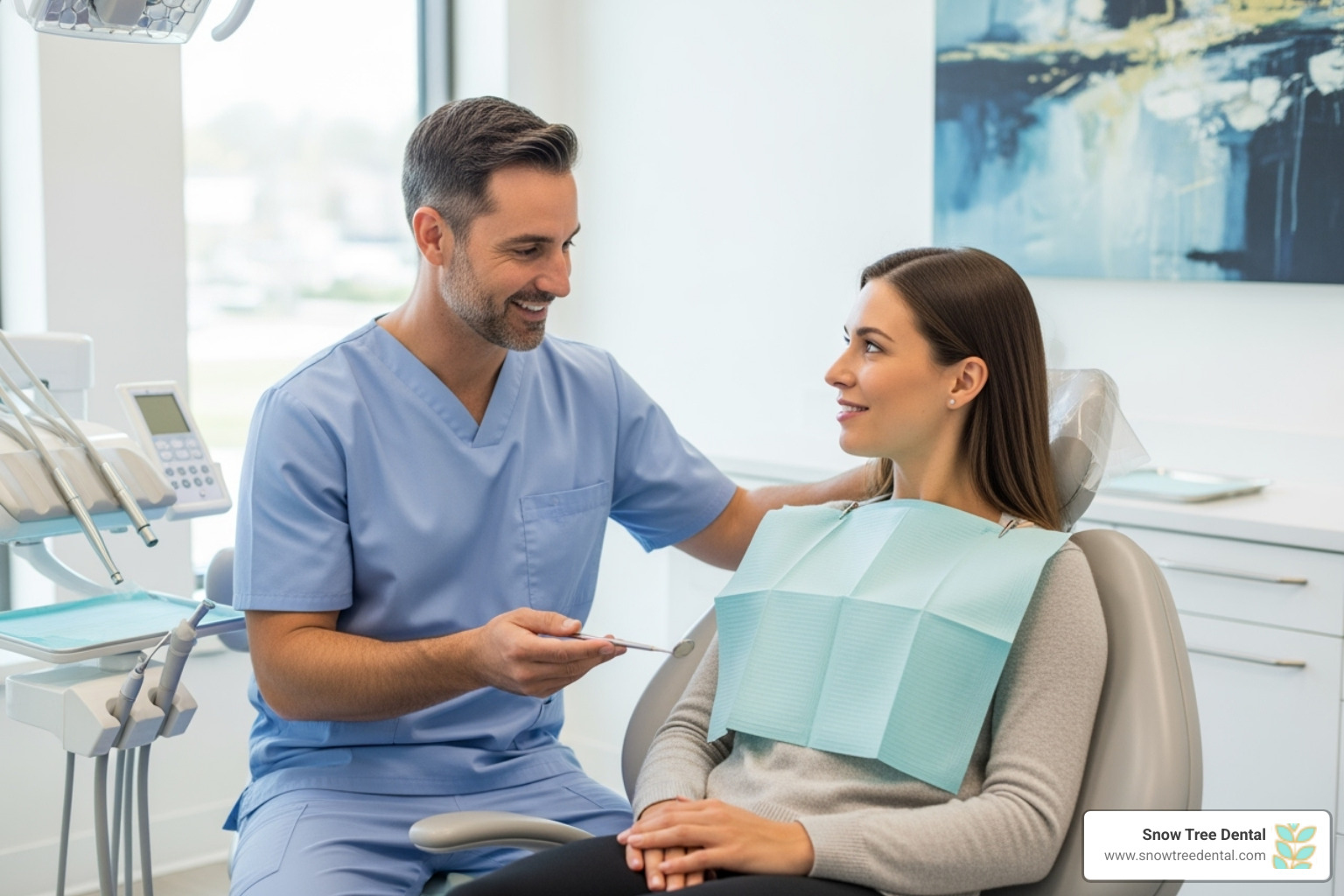 A friendly dentist consulting with a patient at Snow Tree Dental - dry mouth solutions