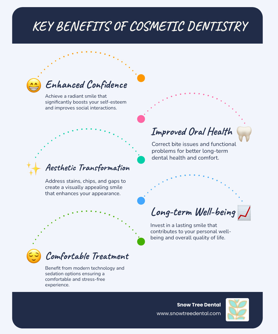 Infographic showing the key benefits of cosmetic dentistry: improved confidence through improved smile aesthetics, better oral health via corrected bite and function, improved appearance leading to better social and professional interactions, long-term investment in personal well-being, and modern technology ensuring comfortable treatment experiences - cosmetic dentist 77057 infographic infographic-line-5-steps-blues-accent_colors Infographic showing the key benefits of cosmetic dentistry: improved confidence through improved smile aesthetics, better oral health via corrected bite and function, improved appearance leading to better social and professional interactions, long-term investment in personal well-being, and modern technology ensuring comfortable treatment experiences - cosmetic dentist 77057 infographic infographic-line-5-steps-blues-accent_colors