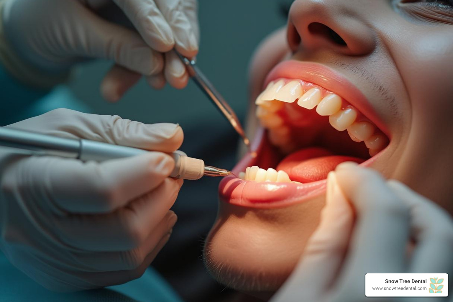 dentist applying dental bonding to a front tooth - chipped tooth repair