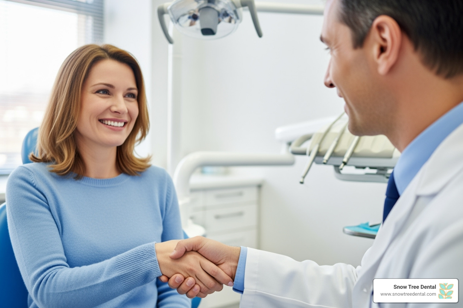 image of a smiling, relieved patient shaking hands with a dentist - 24 hour emergency dentist houston tx
