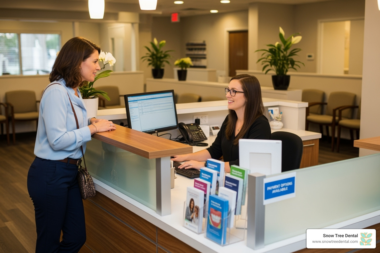 image of a person discussing payment options at a dental reception desk - 24 hour emergency dentist houston tx