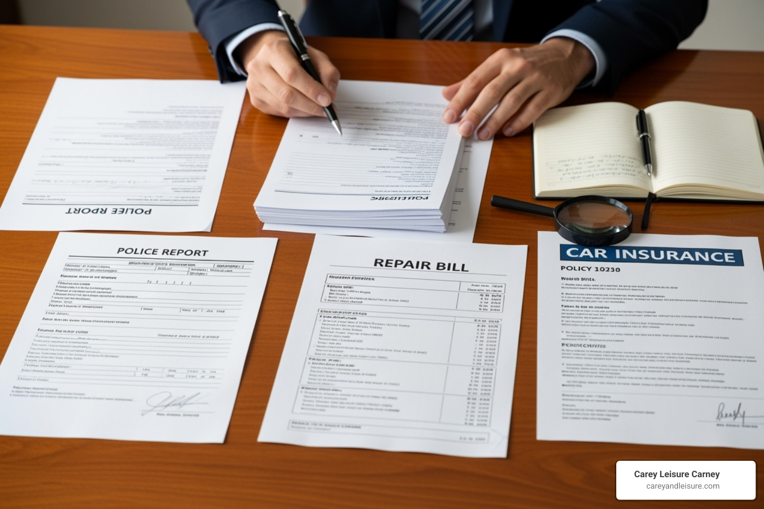 A person organizing documents like a police report and repair bills - diminished car value