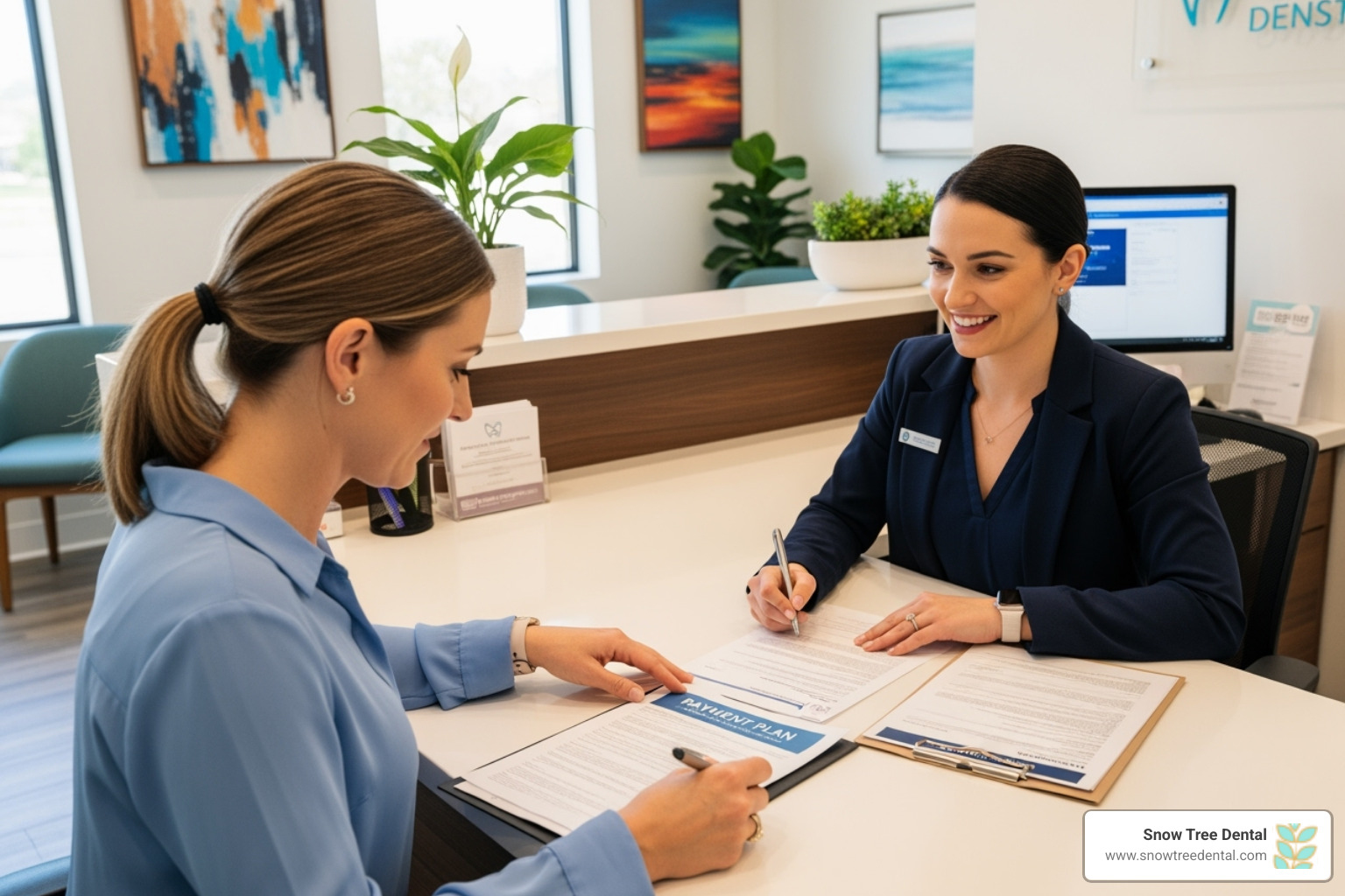 Person reviewing a financial plan with a dental office coordinator - cosmetic dentist 77057 Person reviewing a financial plan with a dental office coordinator - cosmetic dentist 77057