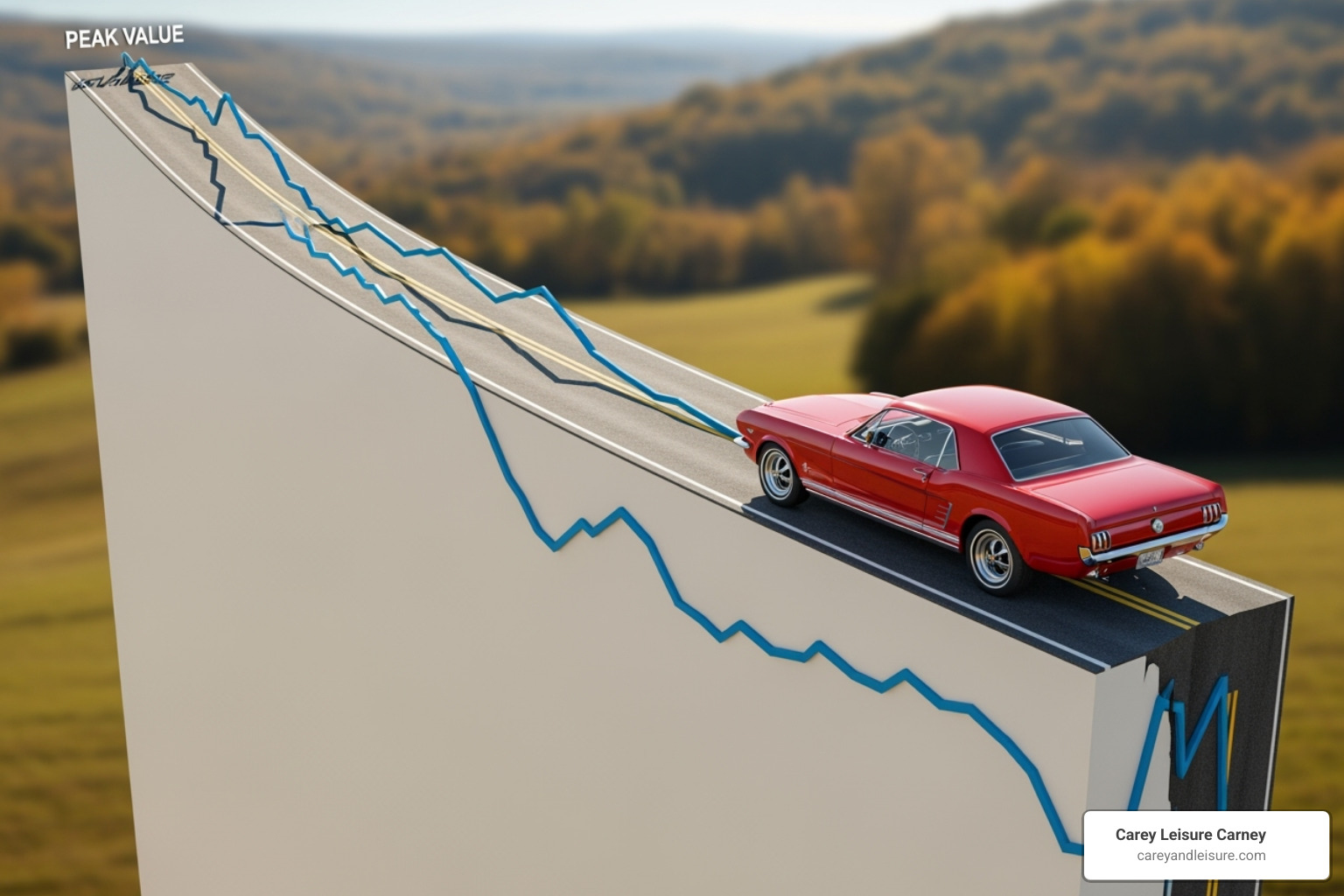 A timeline showing a car's value decreasing with normal depreciation versus a sharp drop after an accident - diminished car value