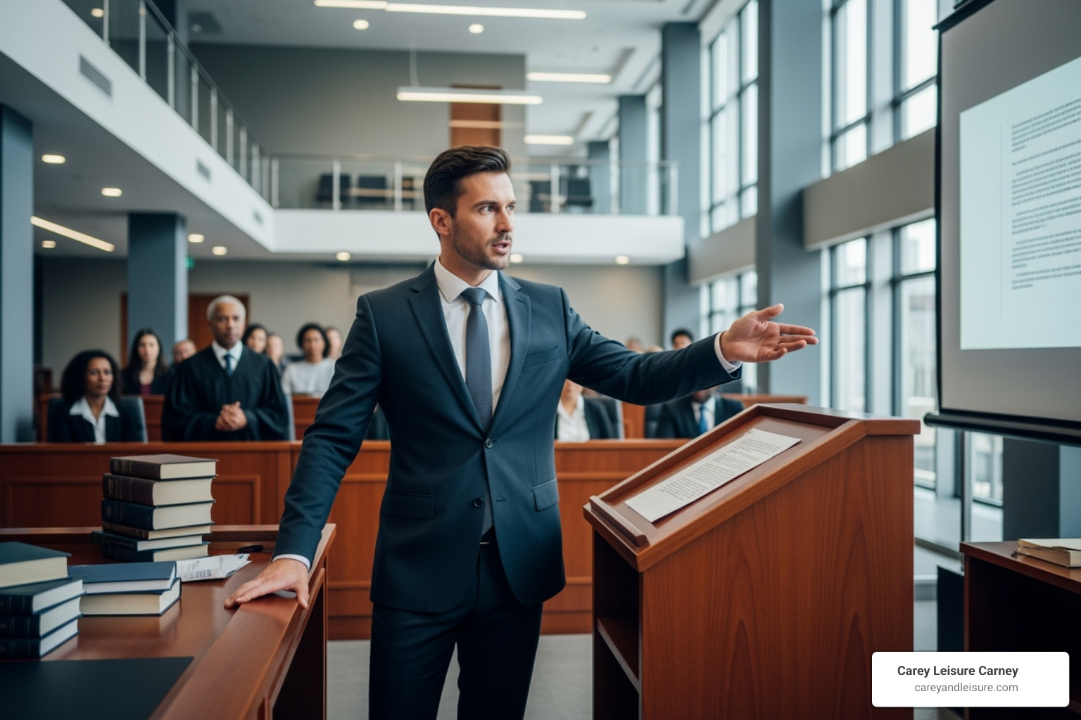 Lawyer confidently presenting a case in a courtroom - catastrophic injury lawyer