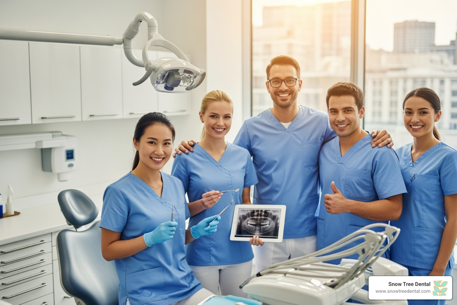 Friendly dental team smiling in a modern dental office - bleeding gums treatment Friendly dental team smiling in a modern dental office - bleeding gums treatment