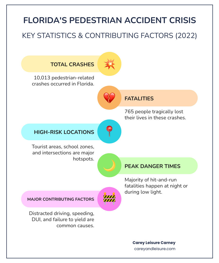 Florida 2022 pedestrian accident statistics infographic showing 10,013 total crashes, 765 fatalities, major contributing factors including distracted driving and failure to yield, high-risk locations like tourist areas and intersections, and peak danger times during night and low-light hours - florida pedestrian accident infographic infographic-line-5-steps-colors Florida 2022 pedestrian accident statistics infographic showing 10,013 total crashes, 765 fatalities, major contributing factors including distracted driving and failure to yield, high-risk locations like tourist areas and intersections, and peak danger times during night and low-light hours - florida pedestrian accident infographic infographic-line-5-steps-colors