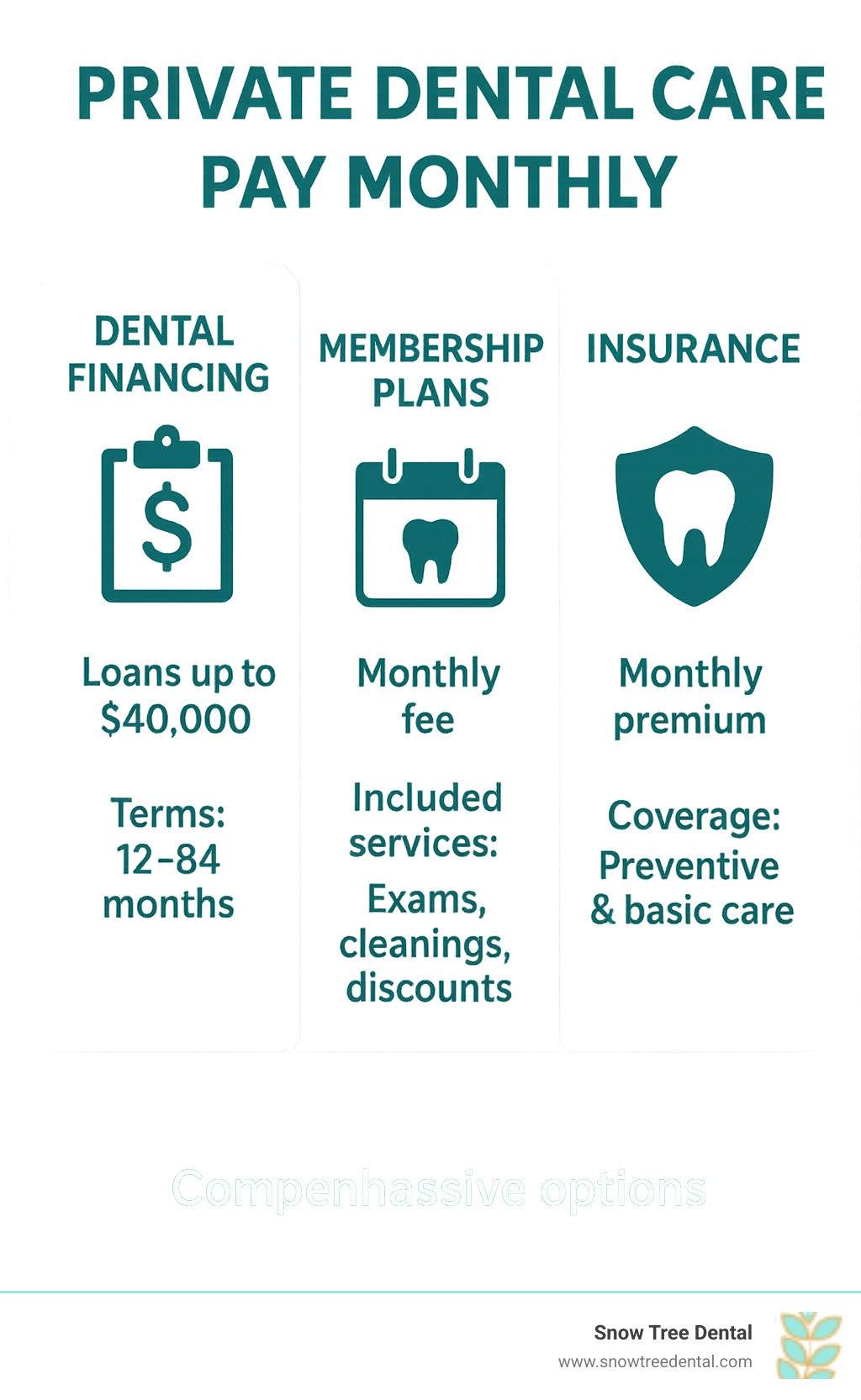 Comprehensive comparison infographic showing three main types of monthly dental payment options: dental financing with loan amounts and terms, membership plans with monthly fees and included services, and insurance plans with premiums and coverage details - private dental care pay monthly infographic Comprehensive comparison infographic showing three main types of monthly dental payment options: dental financing with loan amounts and terms, membership plans with monthly fees and included services, and insurance plans with premiums and coverage details - private dental care pay monthly infographic