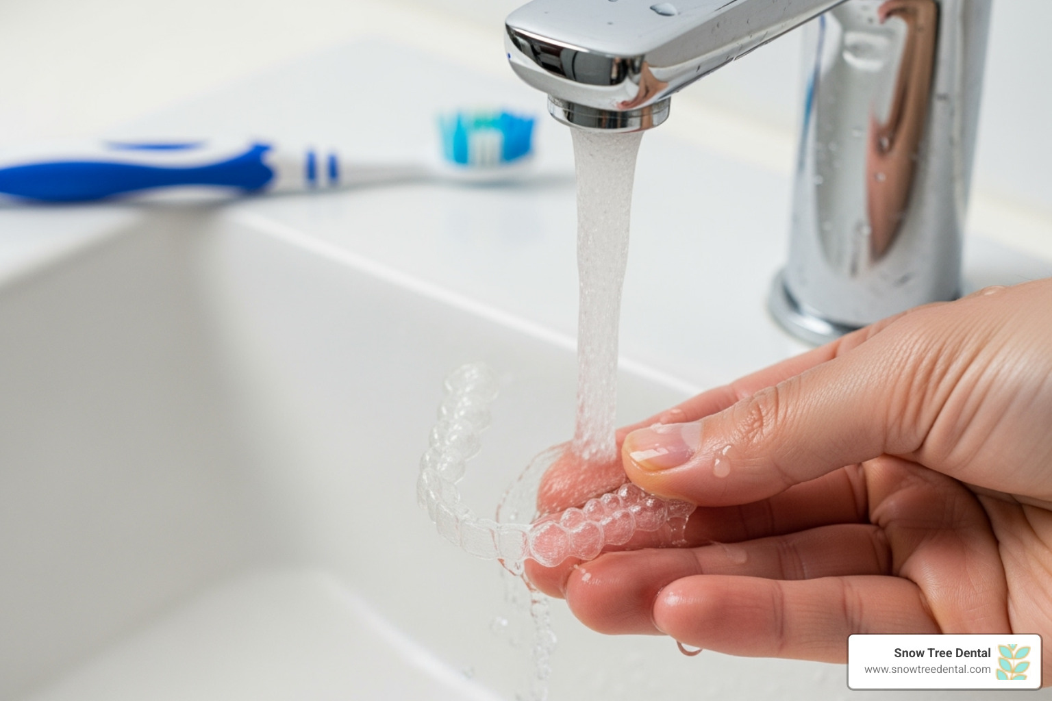 A close-up image of a person's hand holding a clear Invisalign aligner under running water, with a soft toothbrush nearby, illustrating the cleaning process. - Invisalign clear aligners A close-up image of a person's hand holding a clear Invisalign aligner under running water, with a soft toothbrush nearby, illustrating the cleaning process. - Invisalign clear aligners