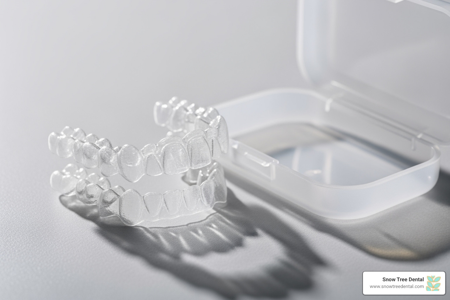 A close-up image of a set of Invisalign aligners placed neatly next to their compact, clear storage case - Invisalign clear aligners A close-up image of a set of Invisalign aligners placed neatly next to their compact, clear storage case - Invisalign clear aligners
