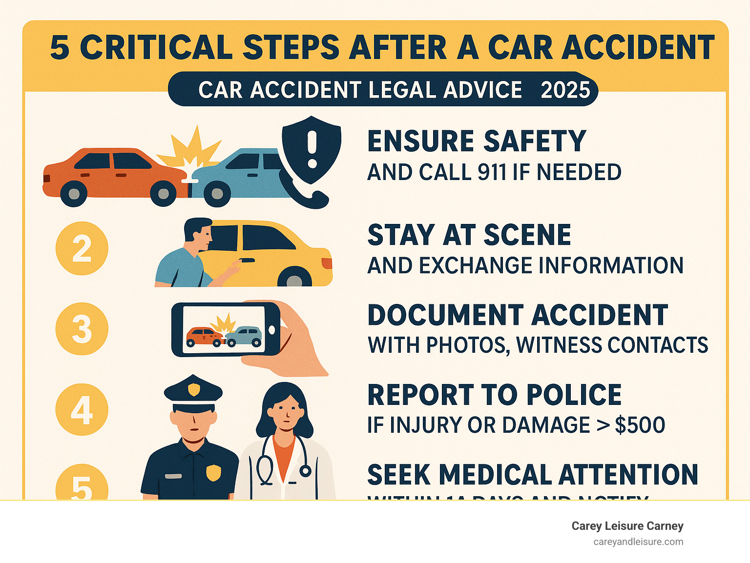 Infographic showing the 5 critical steps after a car accident: 1. Ensure safety and call 911 if needed, 2. Stay at scene and exchange required information with other driver, 3. Document accident scene with photos and gather witness contacts, 4. Report to police if injury or property damage exceeds $500, 5. Seek medical attention within 14 days and notify your insurance company - Car accident legal advice infographic Infographic showing the 5 critical steps after a car accident: 1. Ensure safety and call 911 if needed, 2. Stay at scene and exchange required information with other driver, 3. Document accident scene with photos and gather witness contacts, 4. Report to police if injury or property damage exceeds $500, 5. Seek medical attention within 14 days and notify your insurance company - Car accident legal advice infographic