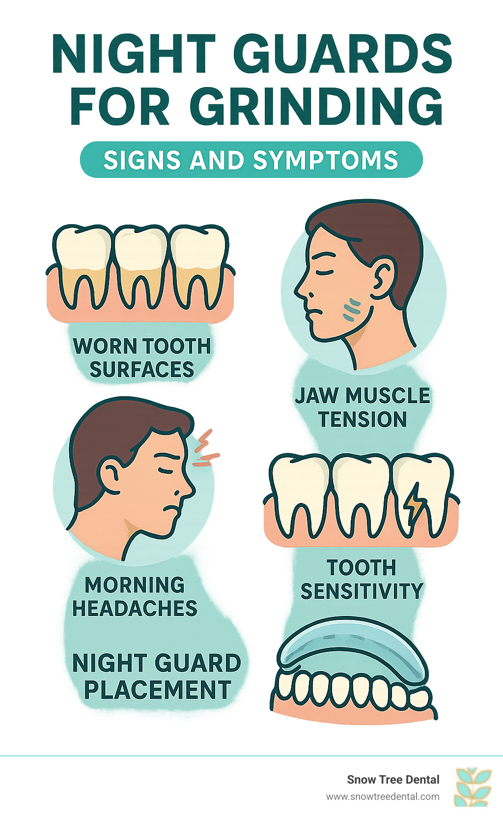 Comprehensive infographic showing the signs and symptoms of teeth grinding including worn tooth surfaces, jaw muscle tension, morning headaches, tooth sensitivity, chipped or cracked teeth, and proper night guard placement over teeth - night guard grinding infographic 