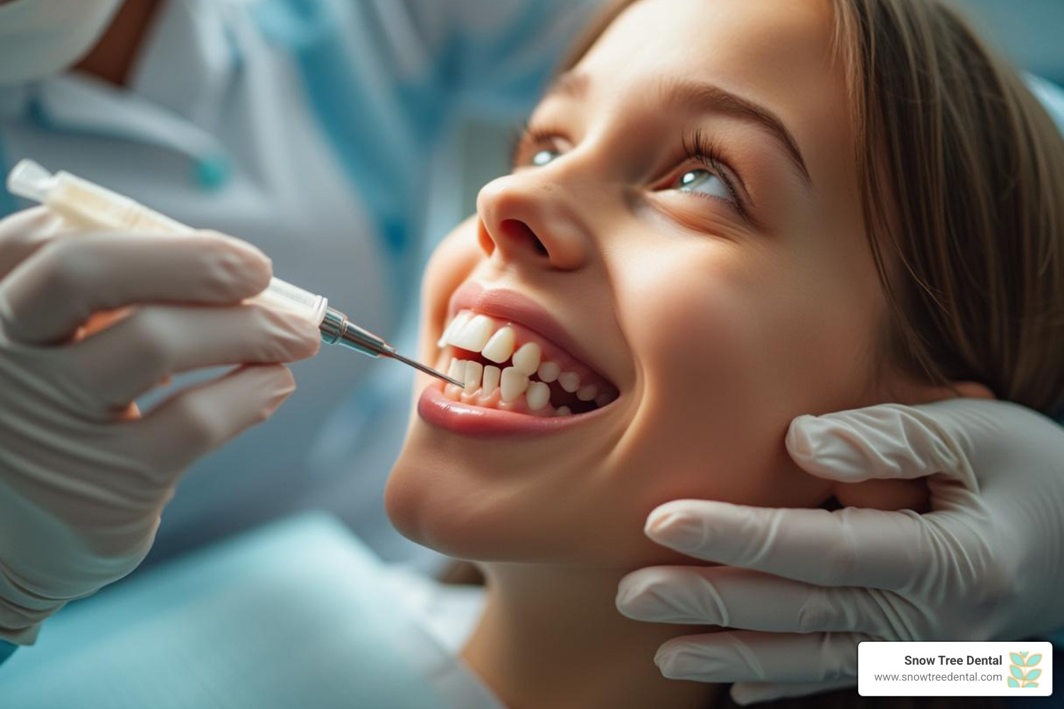 Dentist applying fluoride varnish to a patient's teeth - sensitive teeth treatment