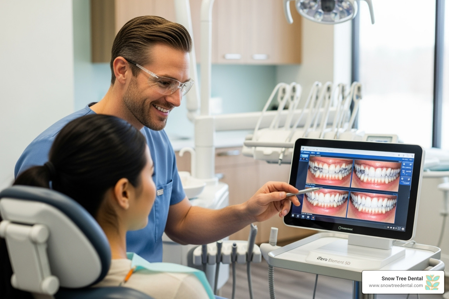 A friendly dentist shows a patient a detailed 3D smile simulation on an iTero scanner screen, highlighting the future results of their Invisalign treatment. - Invisalign clear aligners A friendly dentist shows a patient a detailed 3D smile simulation on an iTero scanner screen, highlighting the future results of their Invisalign treatment. - Invisalign clear aligners