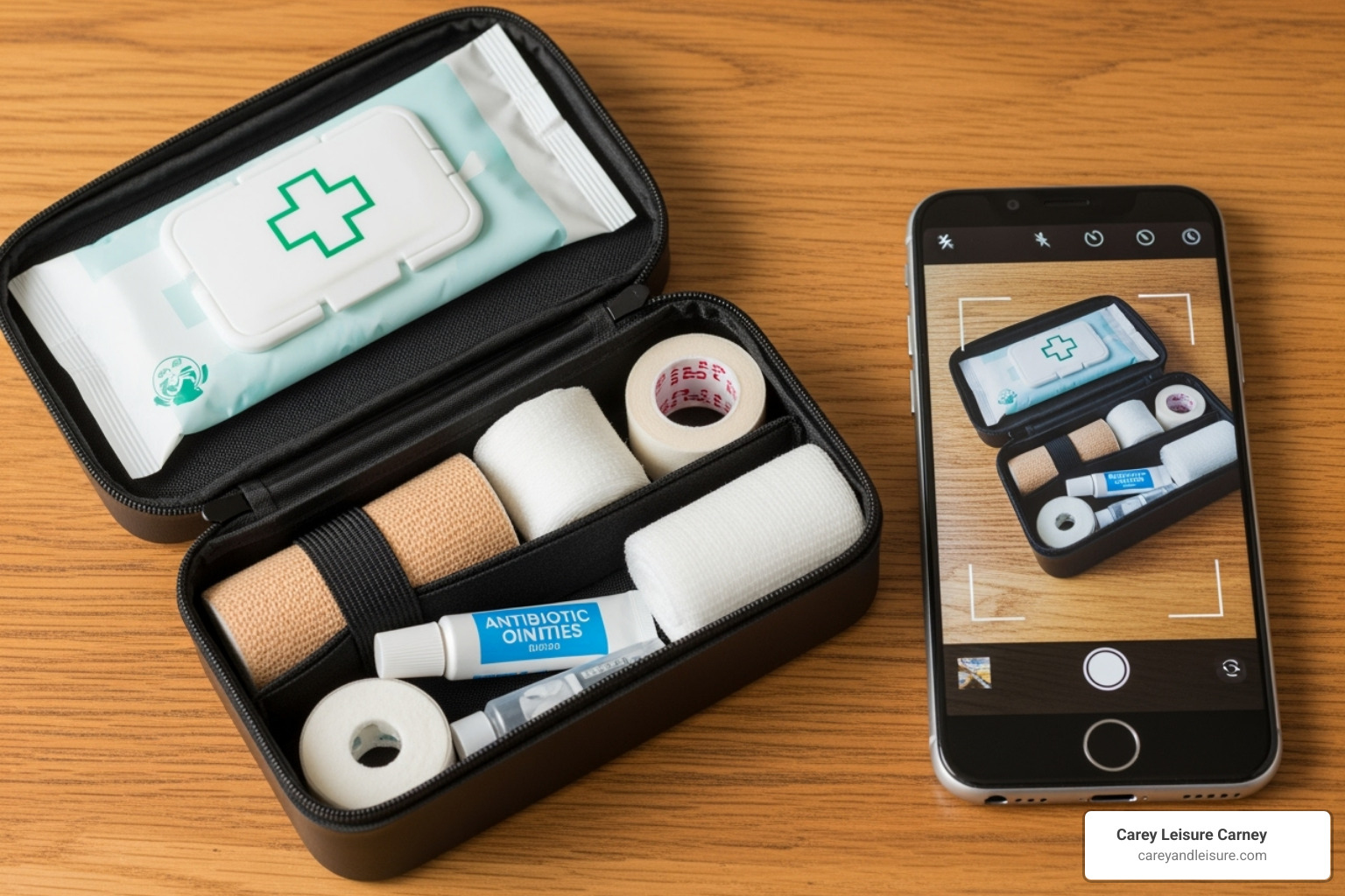 first aid kit and a smartphone for taking pictures - clearwater dog bite lawyer